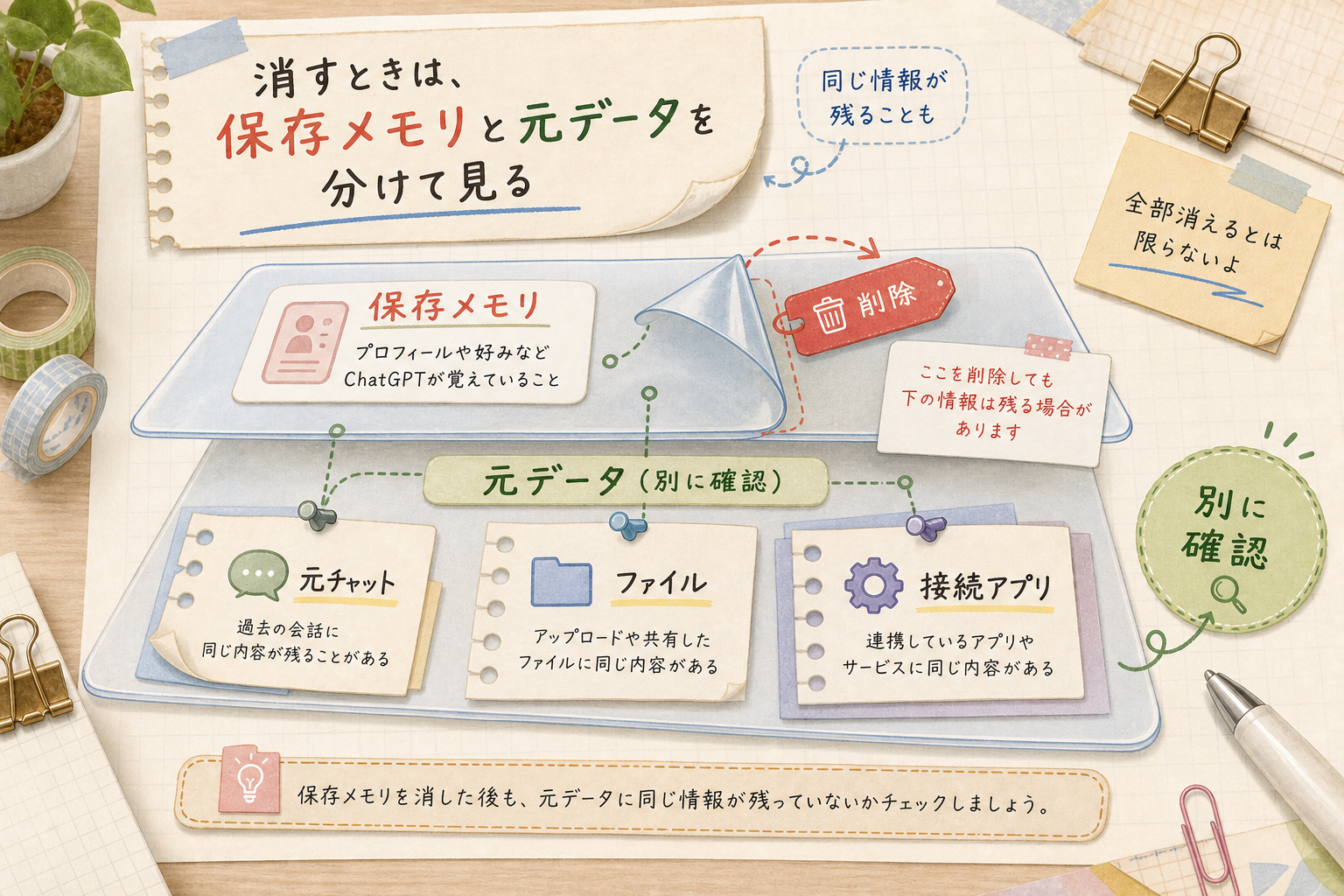 保存メモリの削除と元チャット、ファイル、接続アプリなど元データの別確認を層で分けて示す図解