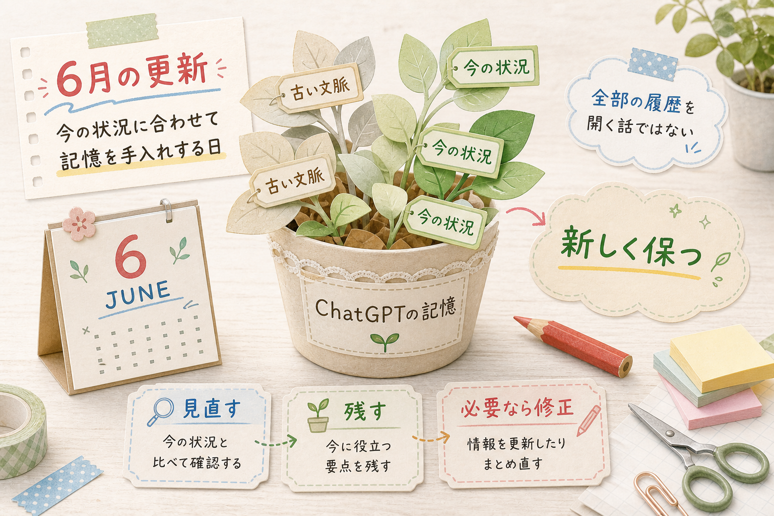 6月の更新でChatGPTの記憶を今の状況に合わせて見直し、残し、必要なら修正して新しく保つことを鉢植えで示す図解