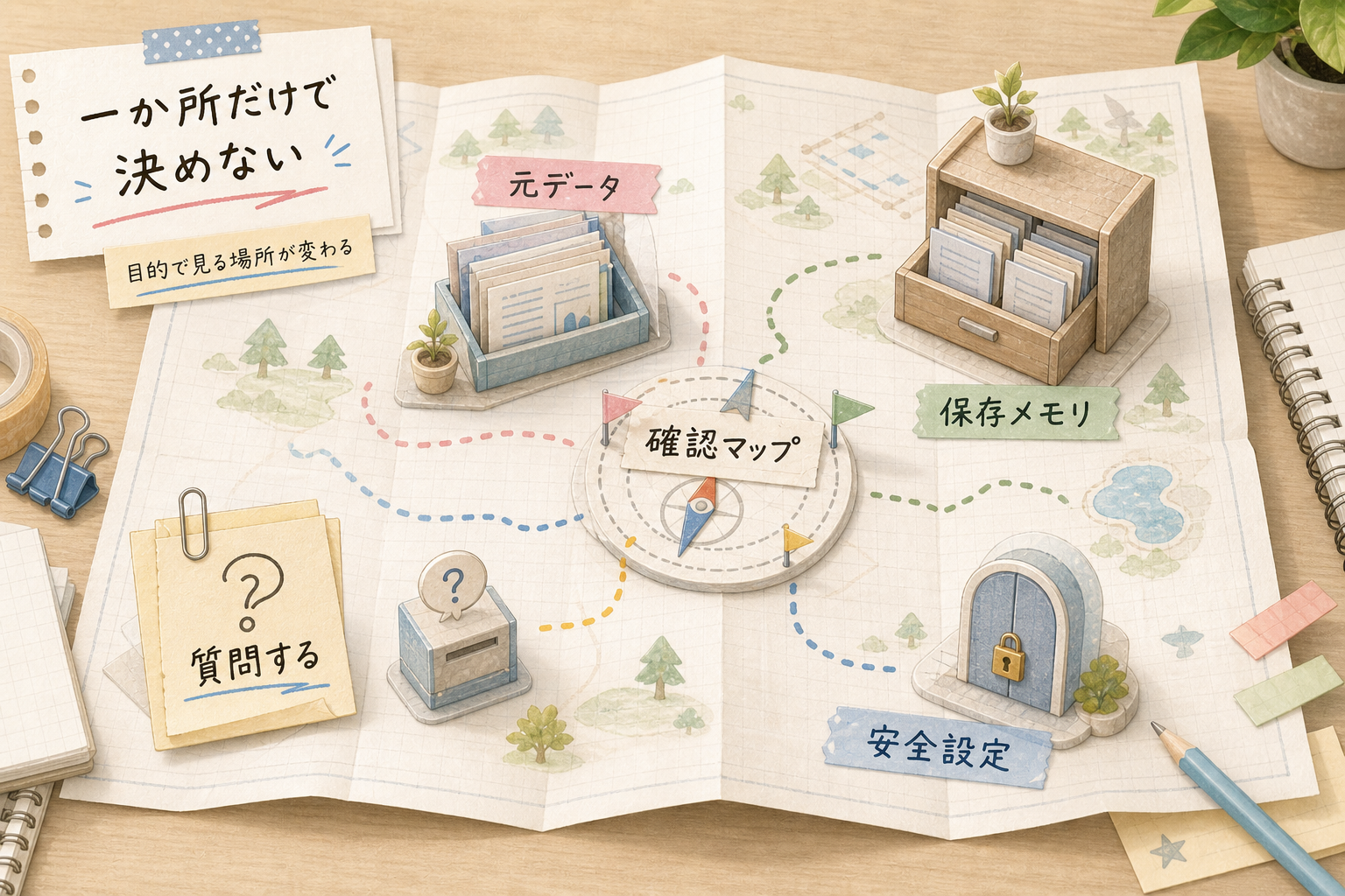ChatGPTの記憶確認で、質問、保存メモリ、元データ、安全設定を目的別の確認マップとして分けた図解