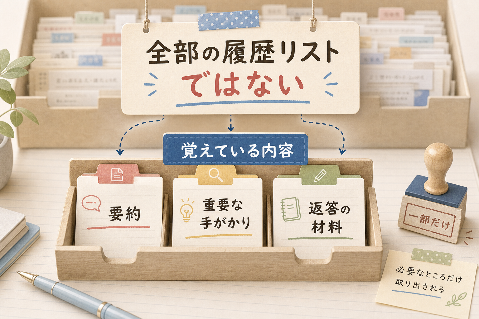 ChatGPTが覚えている内容は会話履歴の全件リストではなく、要約や重要な手がかり、返答の材料として一部だけ取り出されることを示す図解