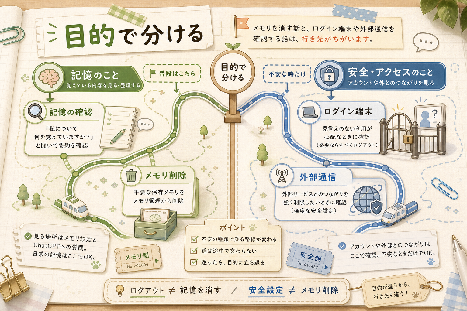 メモリ確認とメモリ削除、安全設定のログイン端末と外部通信を目的別の行き先として分けた案内図
