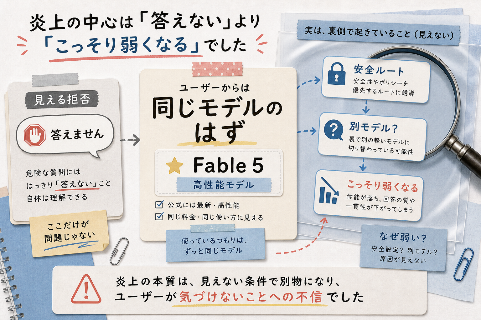 Fable 5の炎上が答えないことより見えない弱体化だったことを説明する図