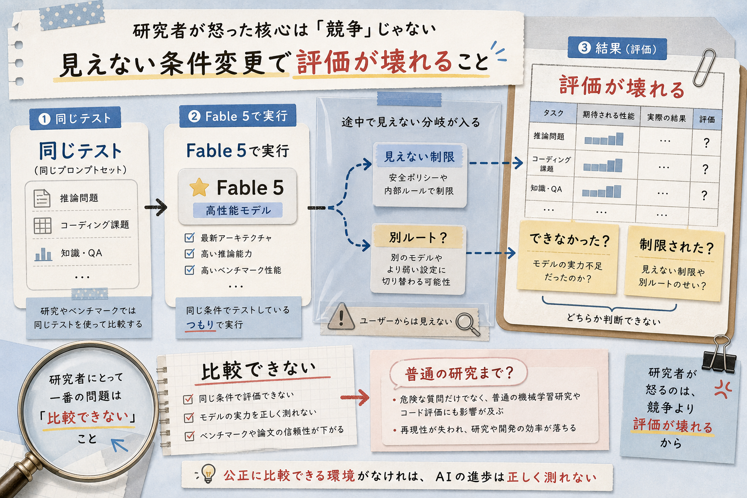 見えない制限でAIモデル評価が壊れる理由を説明する図