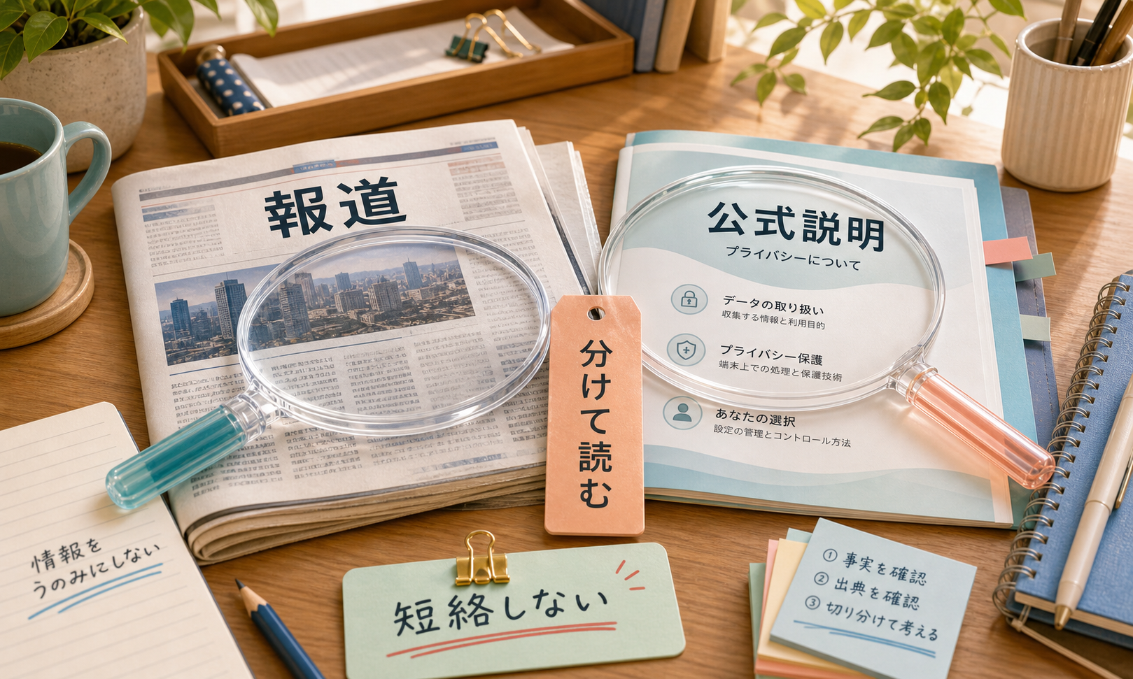 Gemini報道とApple公式のプライバシー説明を分けて読むことを示す図解