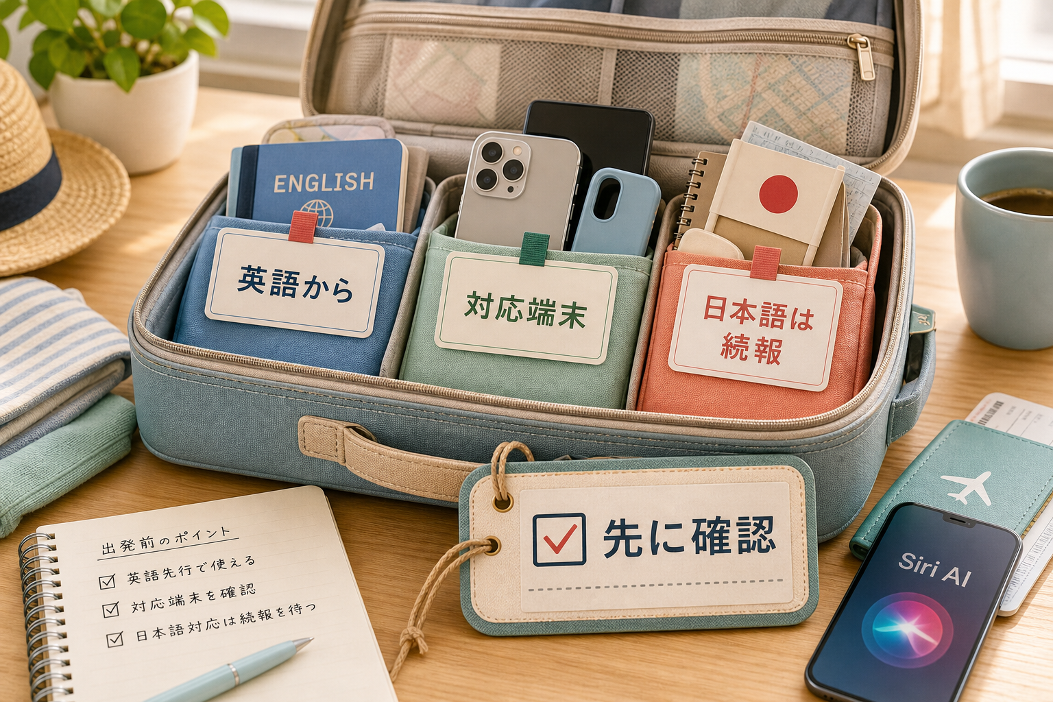 Siri AIの英語先行、対応端末、日本語続報を出発前の荷物確認として示す図解