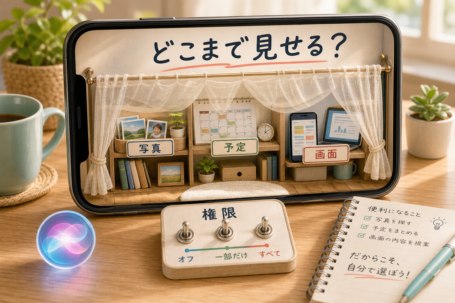 Siri AIに写真、予定、画面情報をどこまで見せるかを権限として示す図解