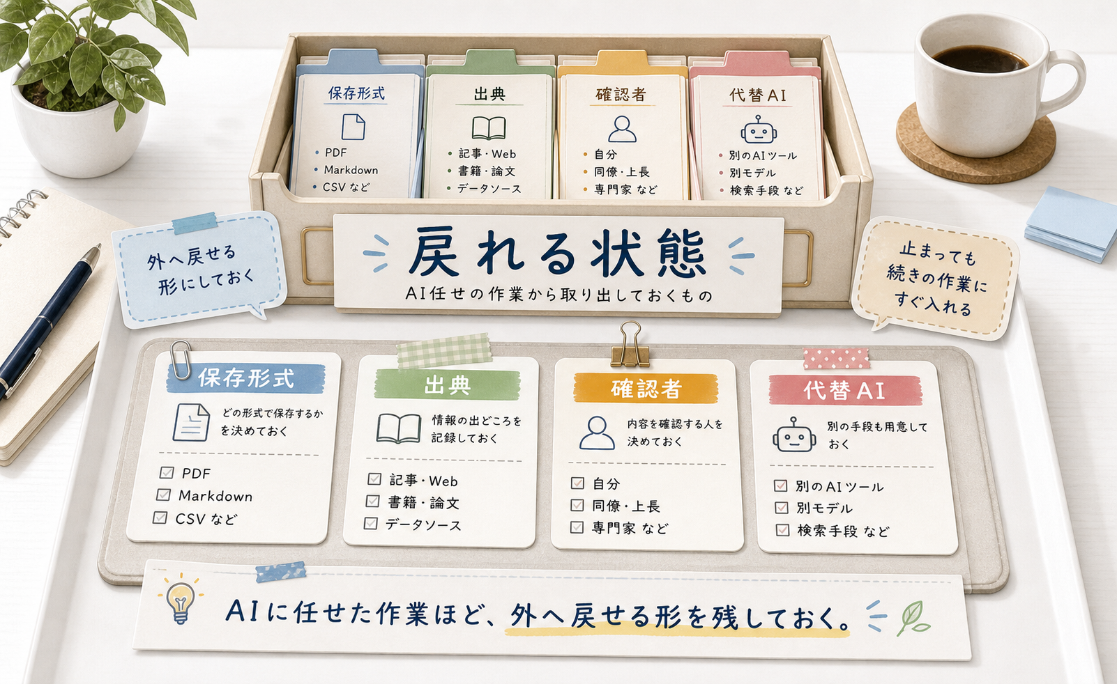 AIが止まっても仕事を続けるために、保存形式、出典、確認者、代替AIを残す準備を示す図
