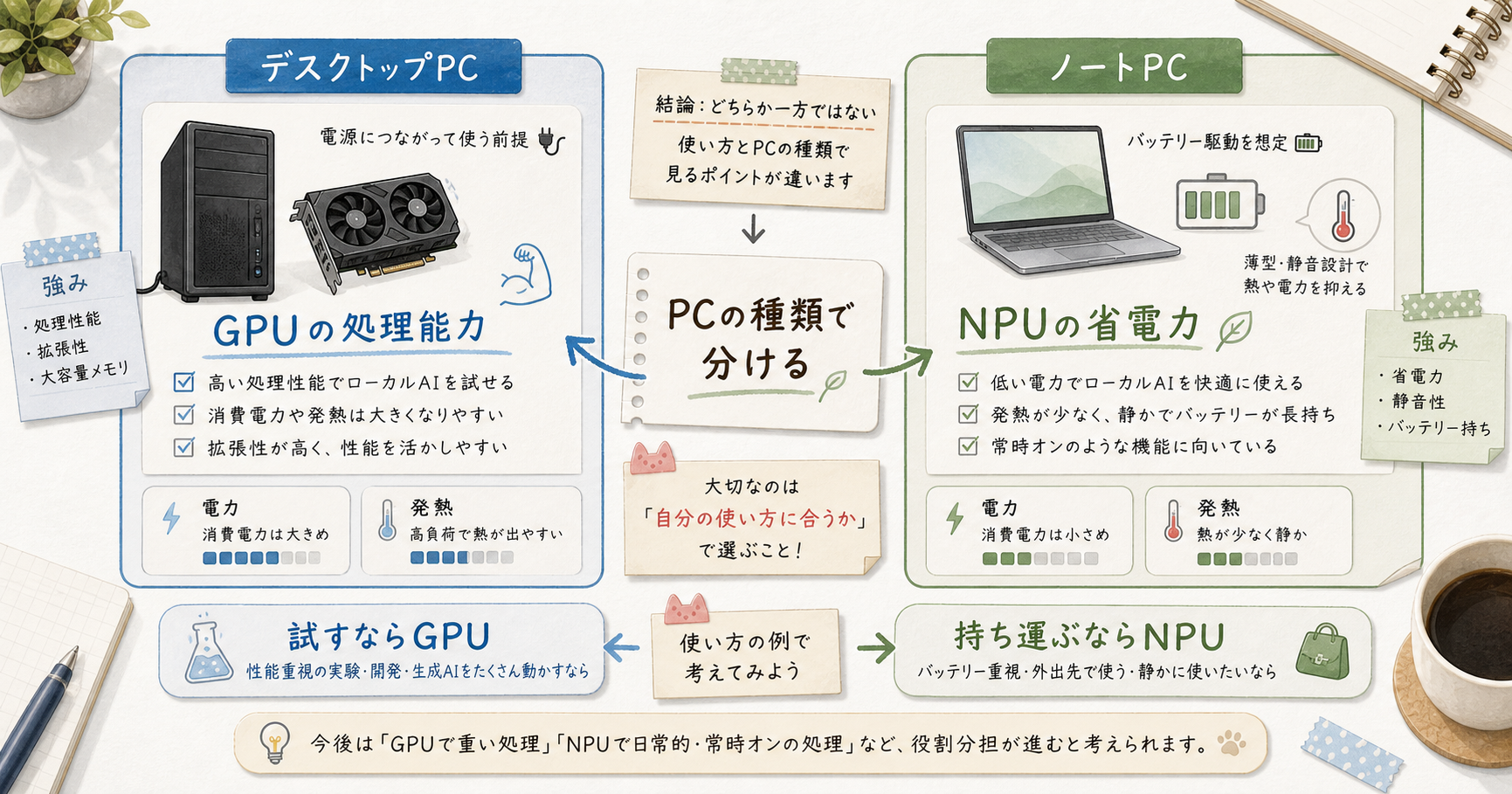 AI処理でGPUとNPUの役割が分かれることを示す図