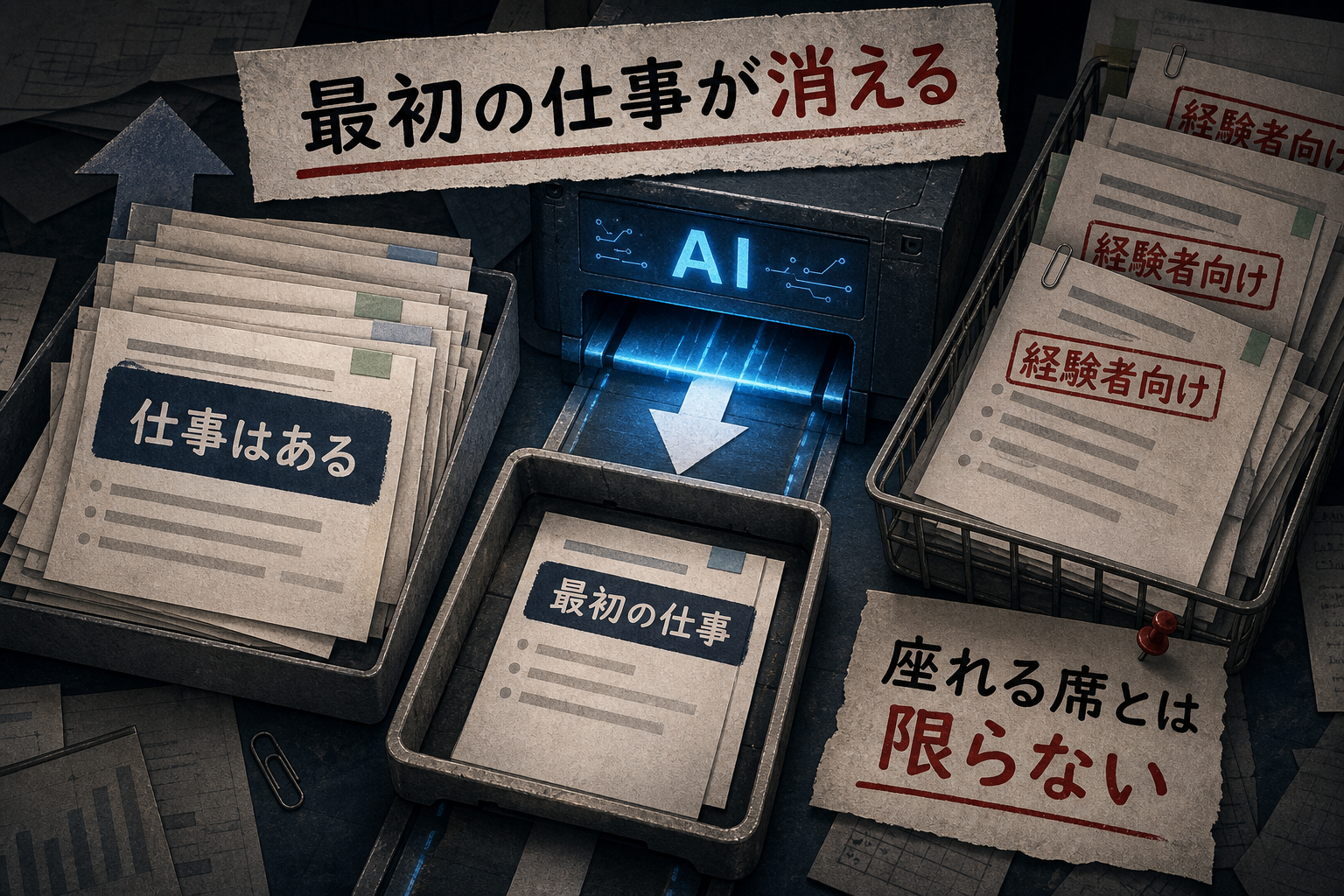 仕事はある一方で、未経験者の最初の仕事だけがAIに吸われることを示す図