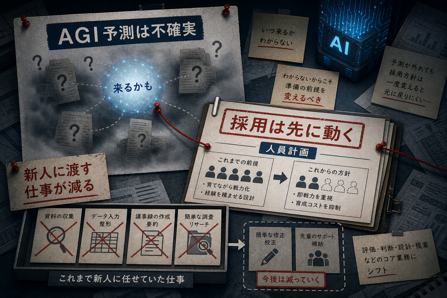 AGI予測が不確実でも企業の採用計画が先に動くことを示す図