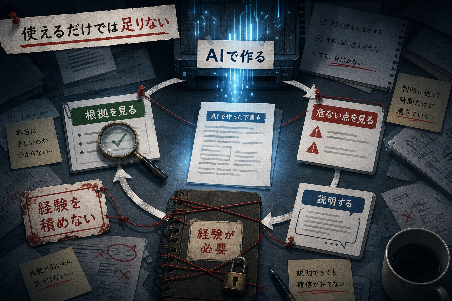 AIで作った下書きを根拠や危ない点から確認するには経験が必要で、その経験を積めない循環を示す図