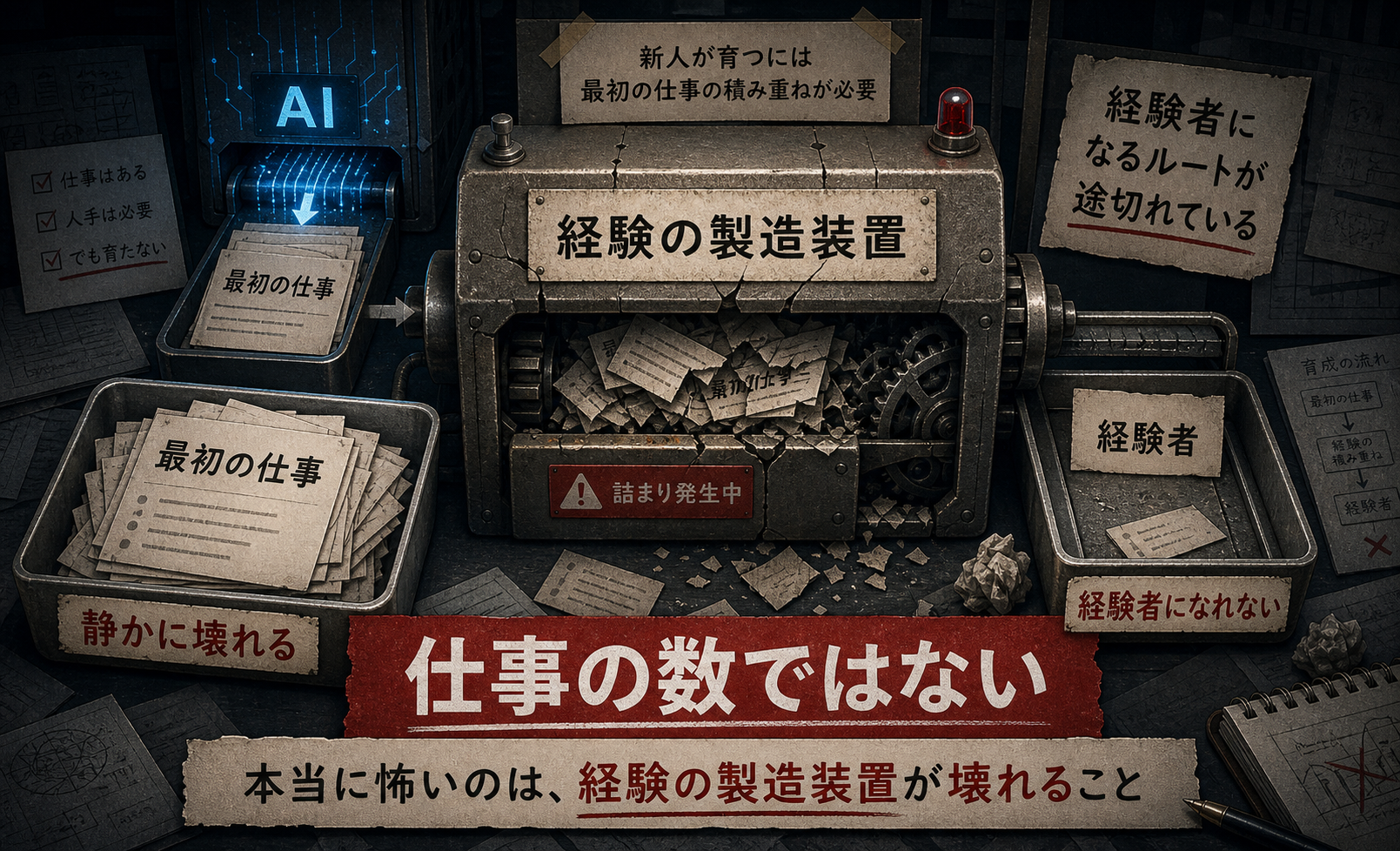 最初の仕事から経験者を作る仕組みが静かに壊れていくことを示す図
