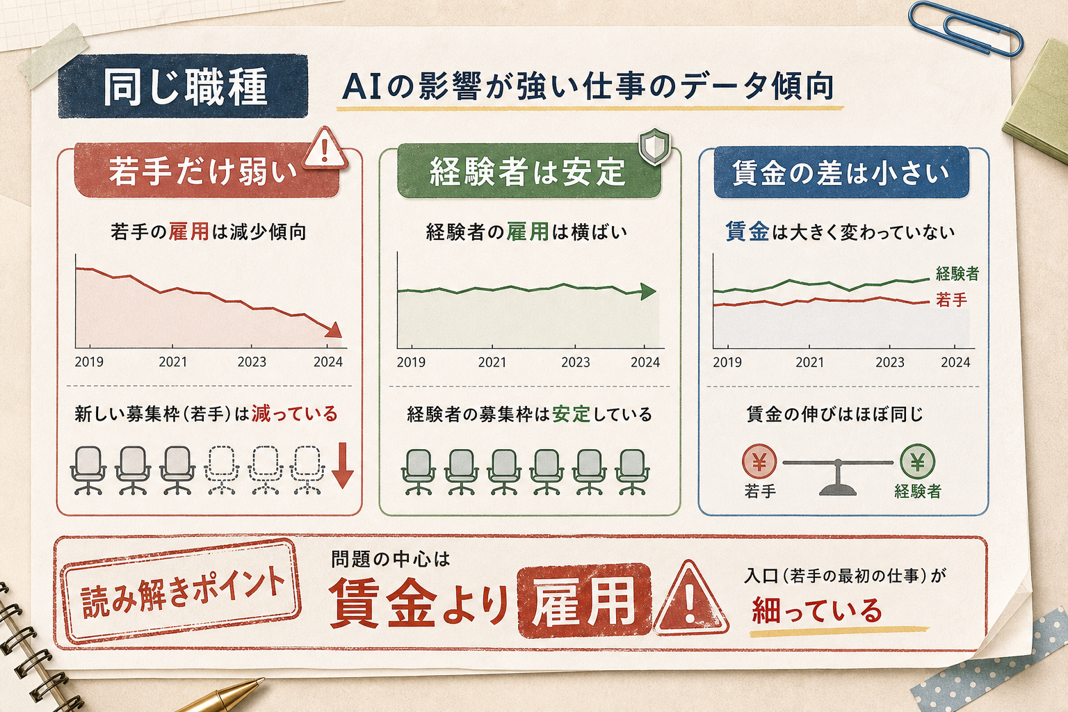 同じ職種の中で若手雇用だけが弱く、経験者は安定し、問題の中心が賃金より雇用にあることを示す図