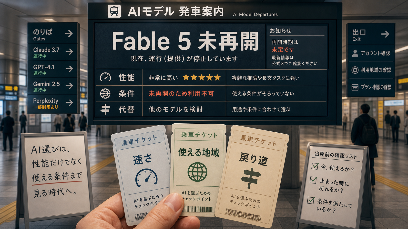 Fable 5未再開の発車案内板を通じて、AI選びでは性能だけでなく使える条件を見る必要があることを示すサムネイル