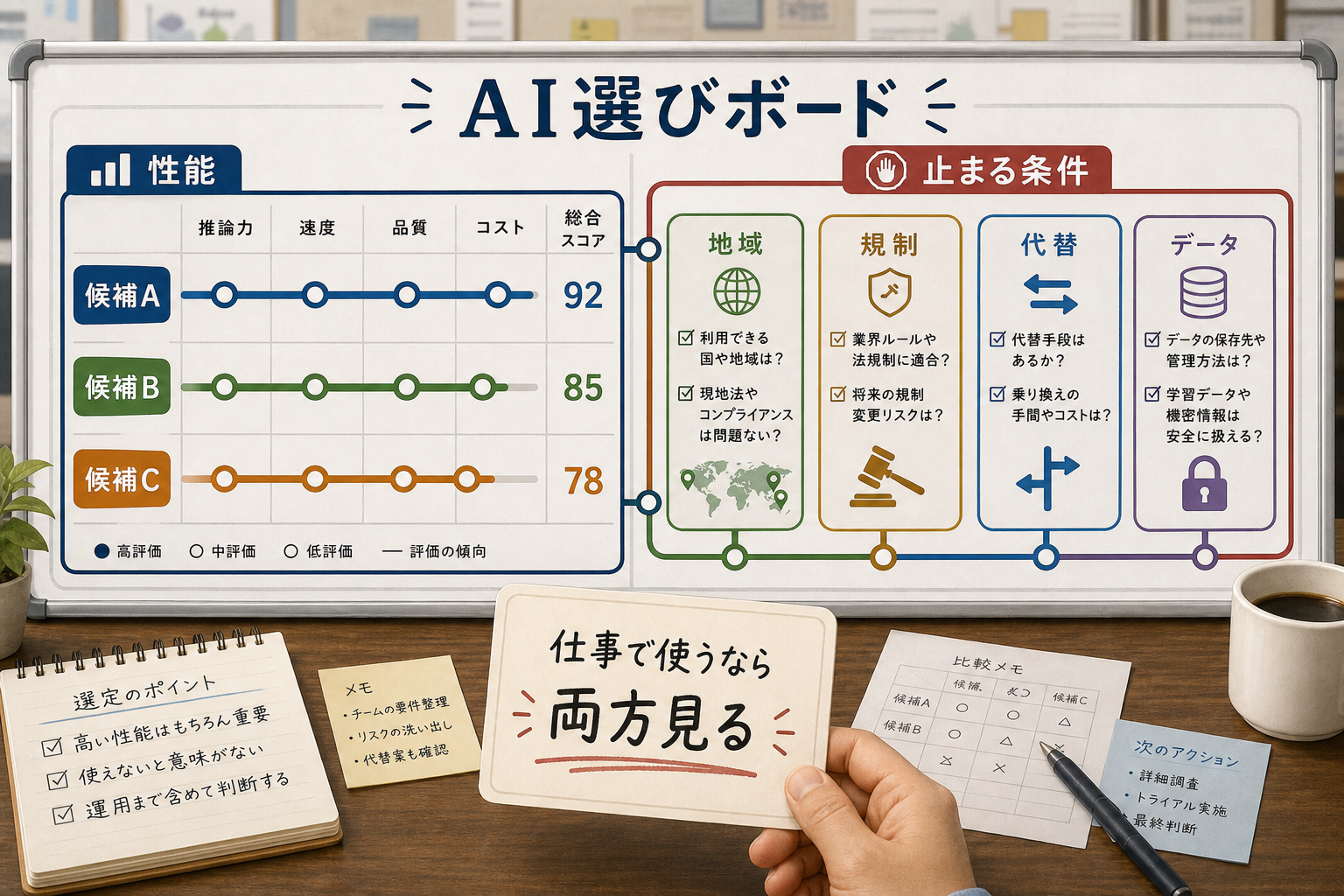 AI選びで性能と止まる条件を並べ、地域、規制、代替、データを確認することを示す図解