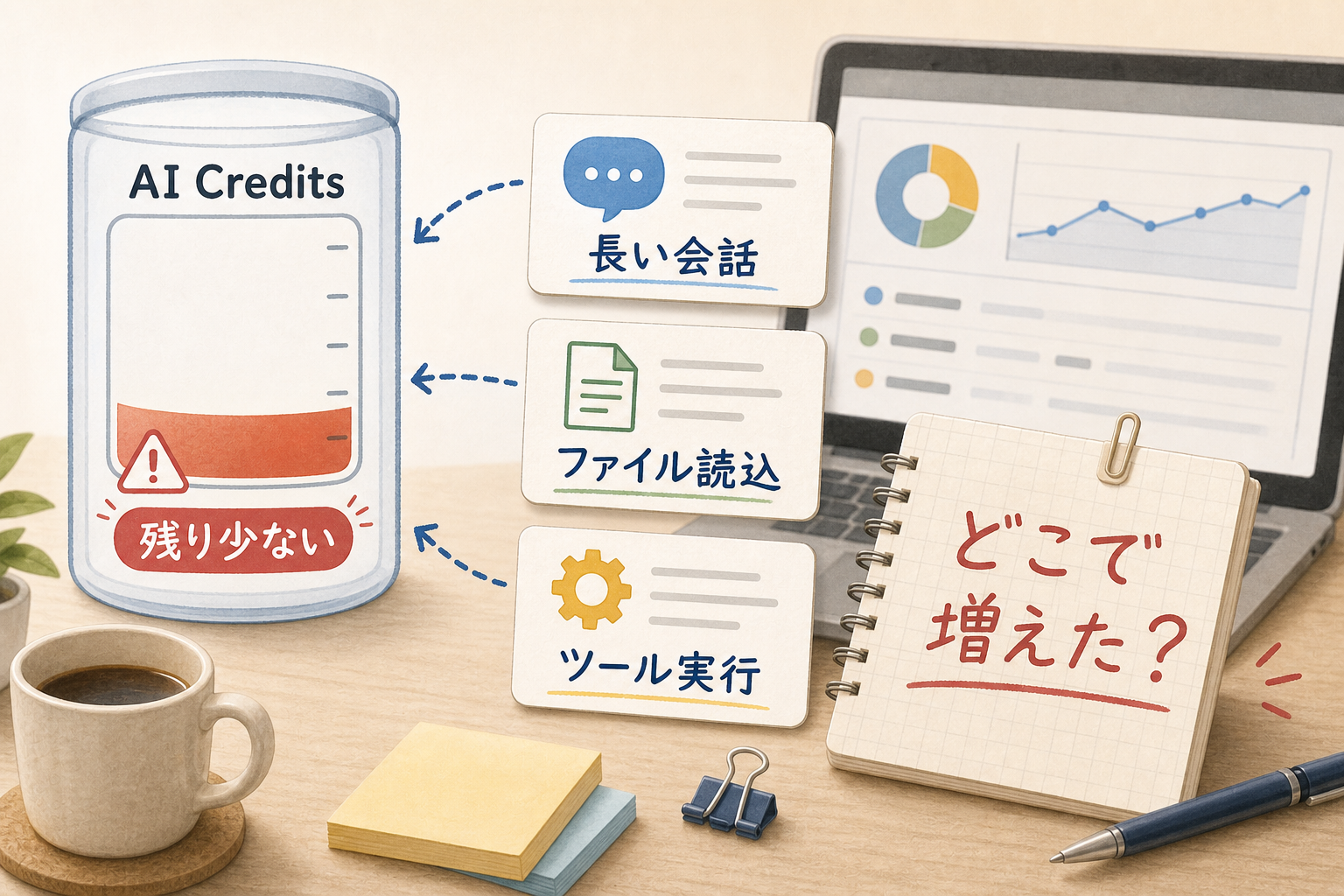 AI Creditsが残り少なくなる中で、長い会話、ファイル読込、ツール実行のどこで料金が増えたのかを示す図解