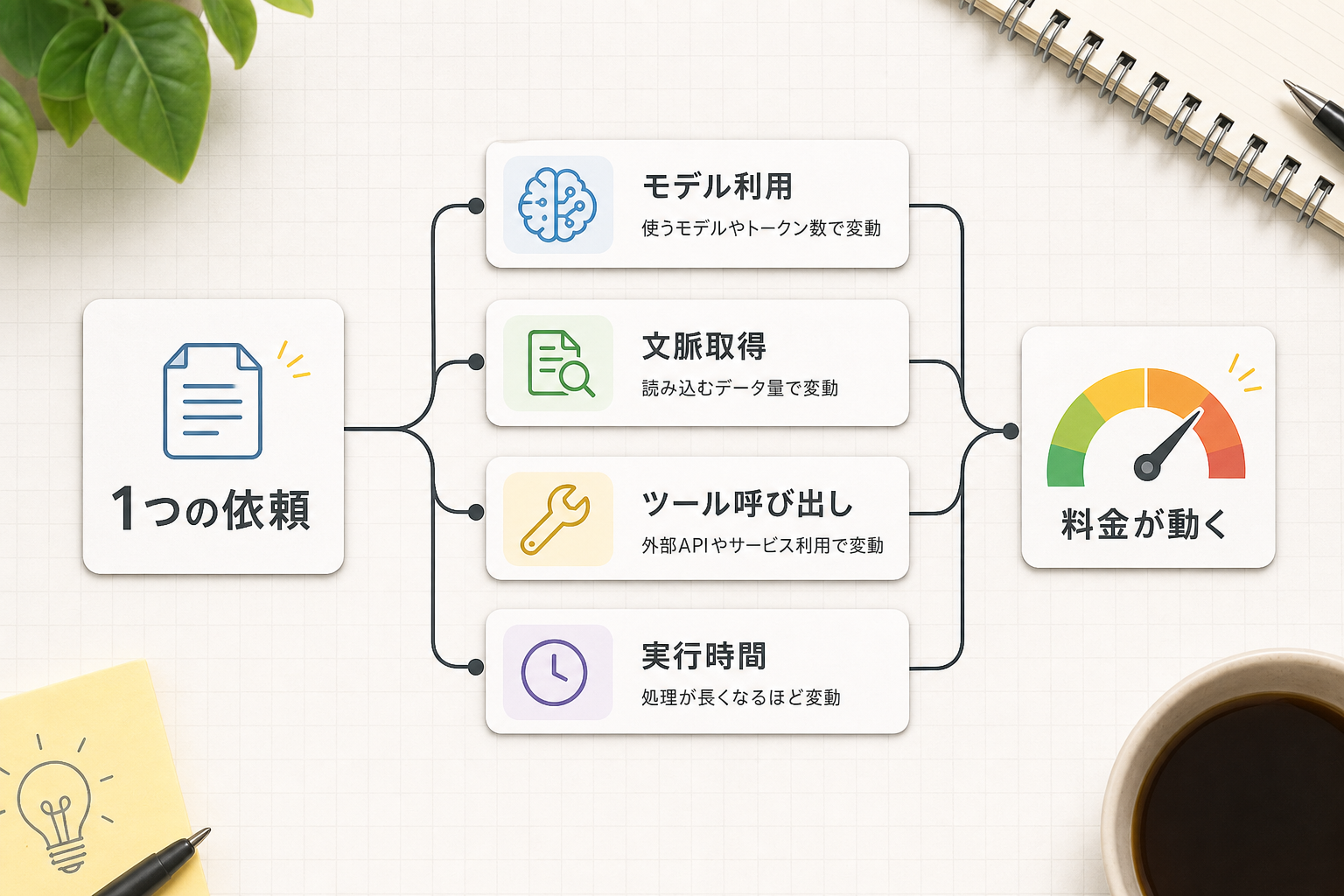 AIエージェントの1つの依頼がモデル利用、文脈取得、ツール呼び出し、実行時間に分かれて料金につながる図解