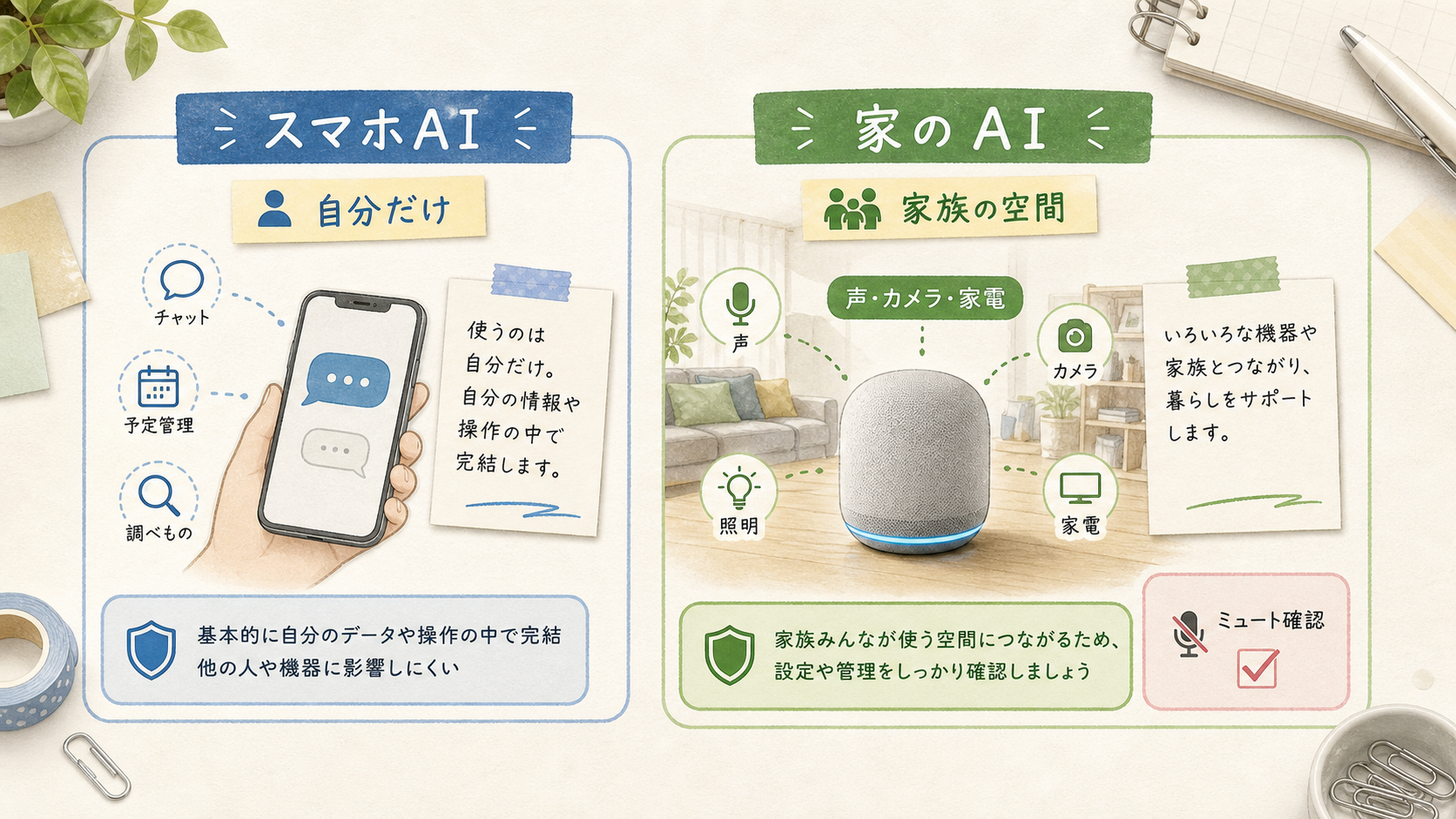 スマホAIは自分だけの道具だが、家のAIは家族の空間、声、カメラ、家電に関わるため慎重に見る必要があることを示す図解