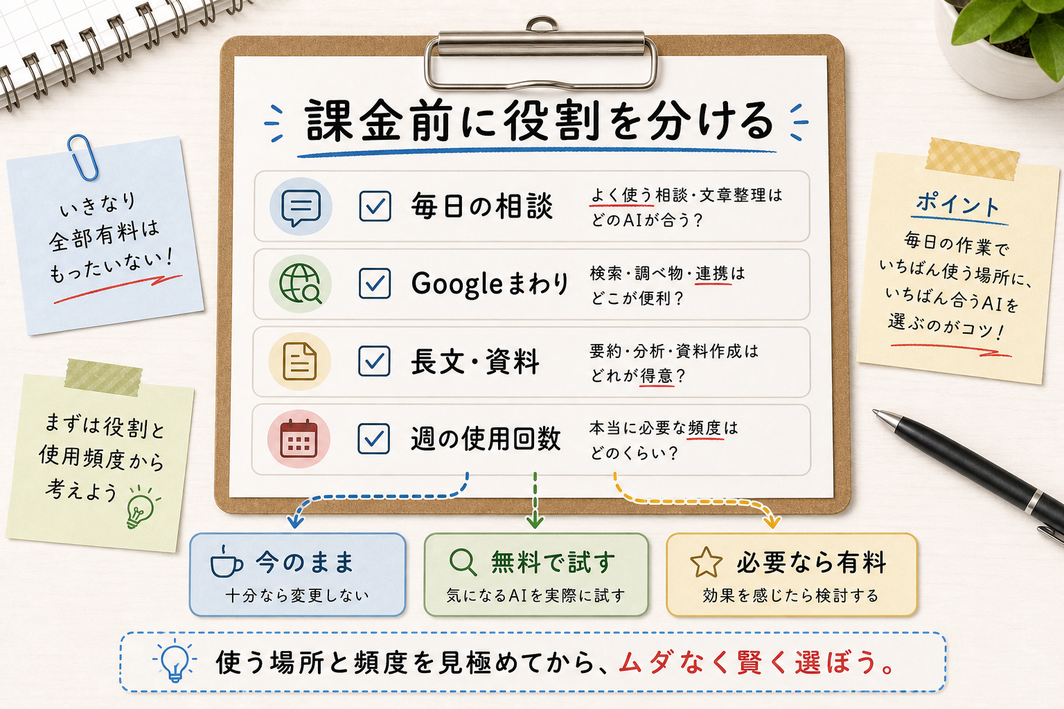 AIサービスへの追加課金前に役割と使用頻度を分けて判断するチェック図