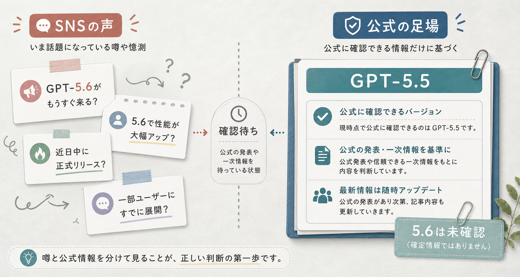 SNSで広がるChatGPT 5.6の噂と、公式に確認できるGPT-5.5情報を分けて見る図解