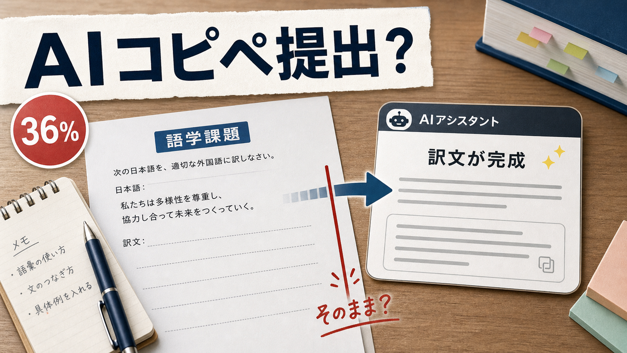 AIで訳文が完成し、語学課題へそのまま提出しそうになる場面を示すサムネイル