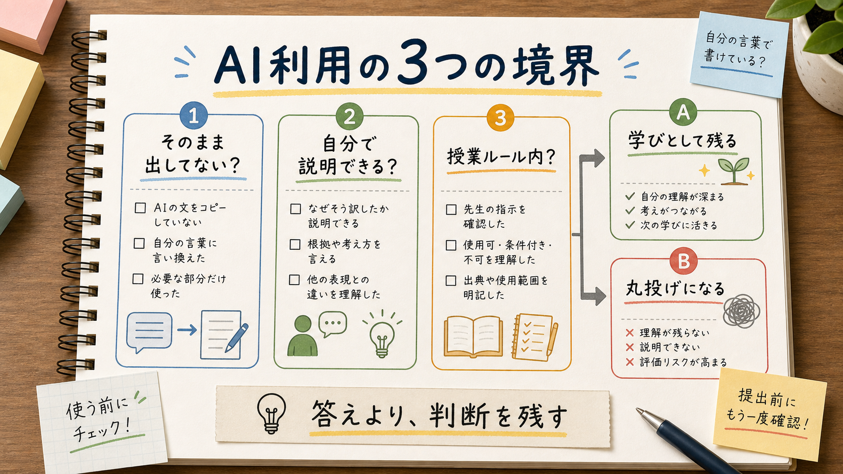語学課題でAIを使う前に見るそのまま提出、説明可能性、授業ルールの3つの境界を示す図解