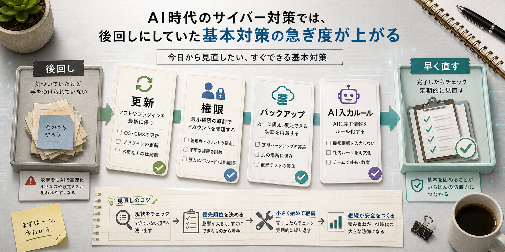 AI時代に更新や権限、バックアップ、AI入力ルールを早く見直す流れを示す図