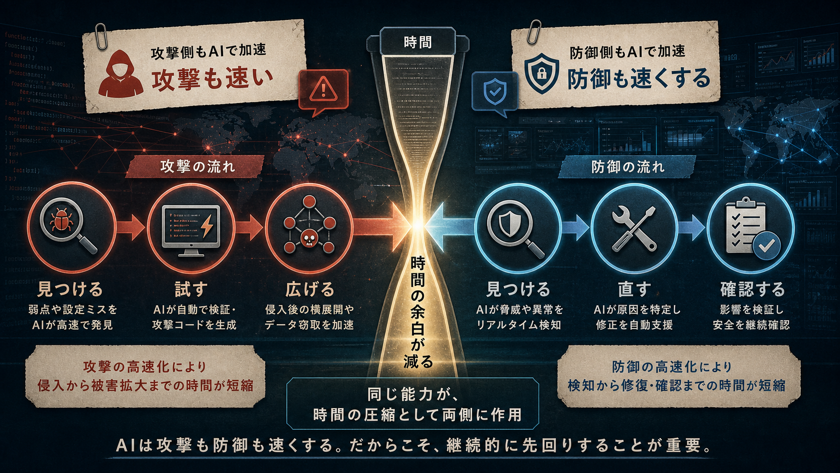 AIで攻撃側と防御側の両方が速くなり、時間の余白が減ることを示す図