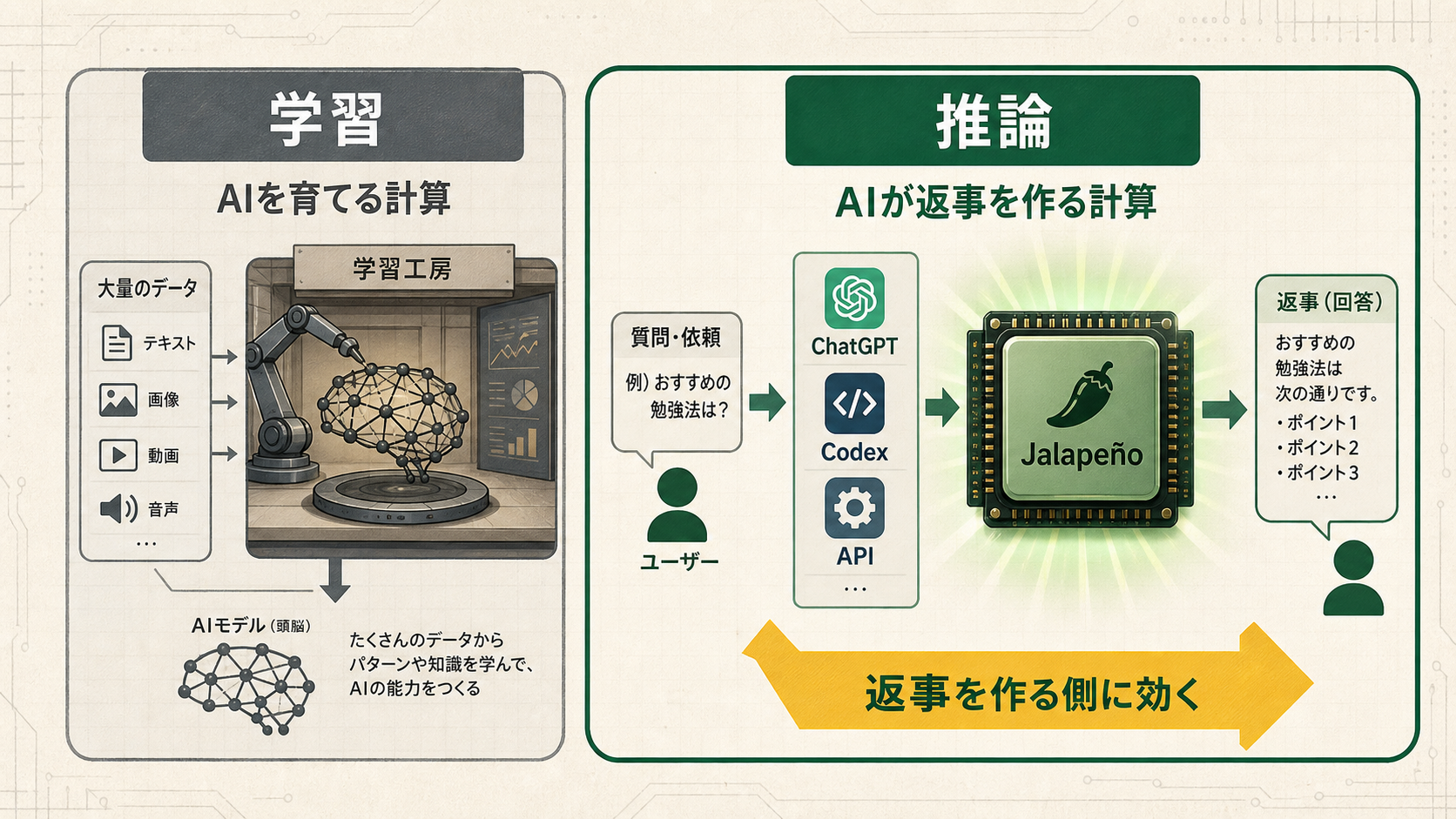 学習と推論を分け、JalapeñoがChatGPTやCodexの返事を作る推論側に関わることを示す図解