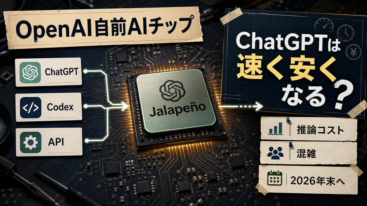 OpenAIの自前AIチップJalapeñoとChatGPTの速さ・コストへの期待を示すサムネイル