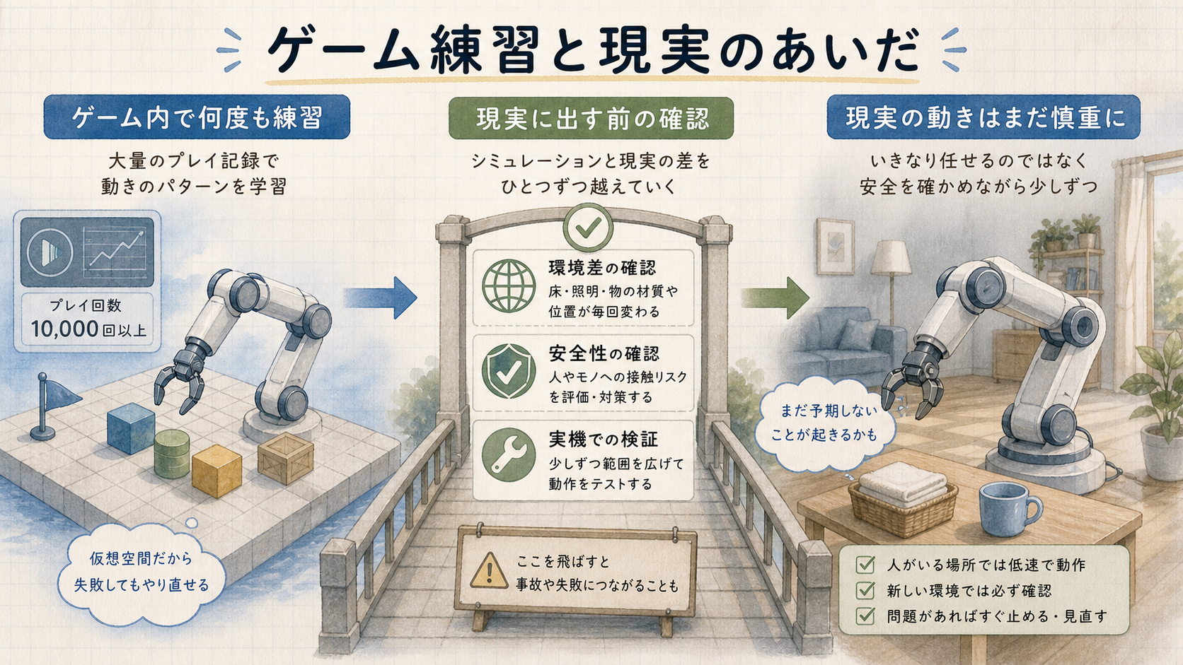 ゲームやシミュレーションで練習したAIを現実のロボット動作へ移す前に、環境差、安全性、実機検証を確認する流れを示した図